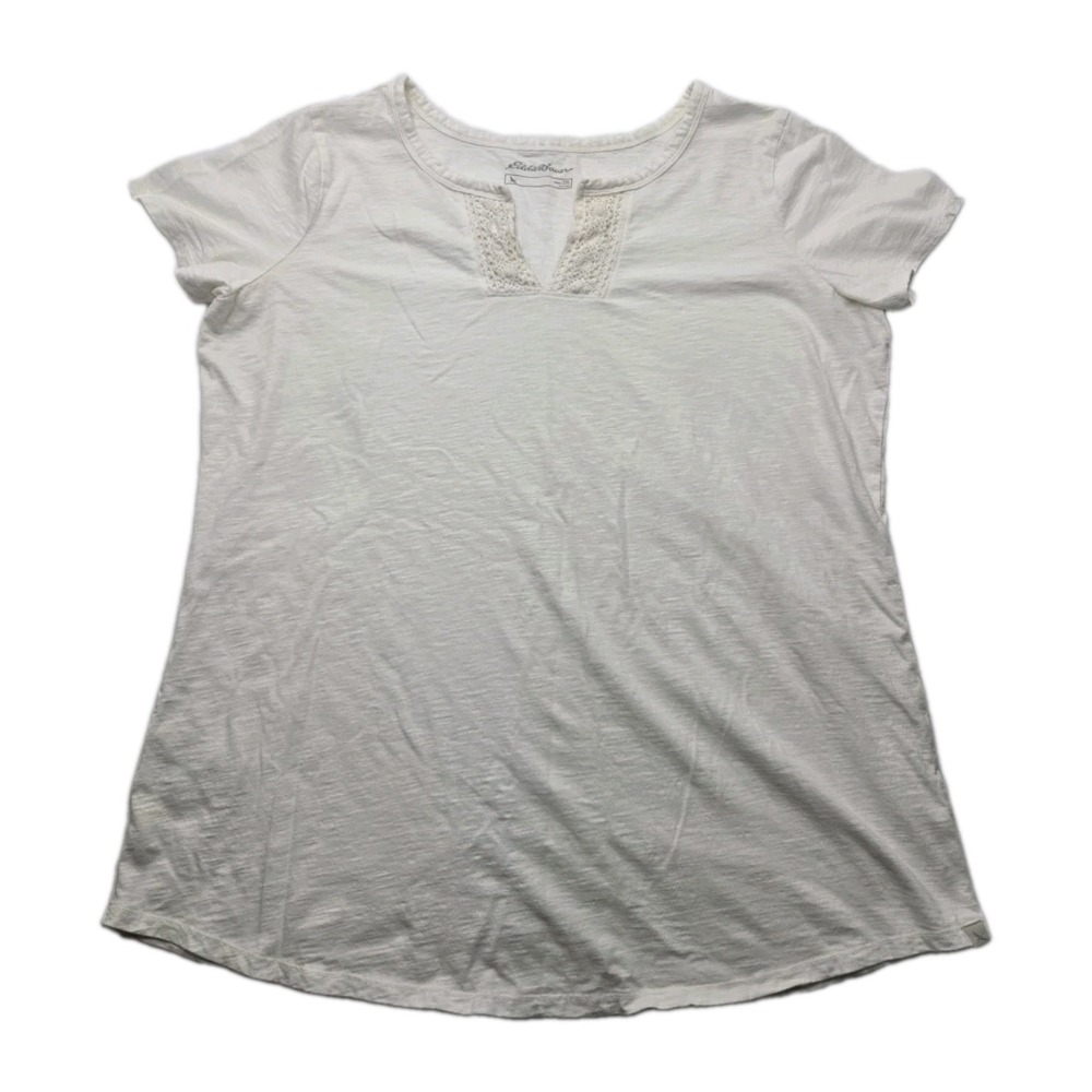 Eddie Bauer Womens 2XL Ivory Cotton Slub Lace Inset Short Sleeve Tunic Top